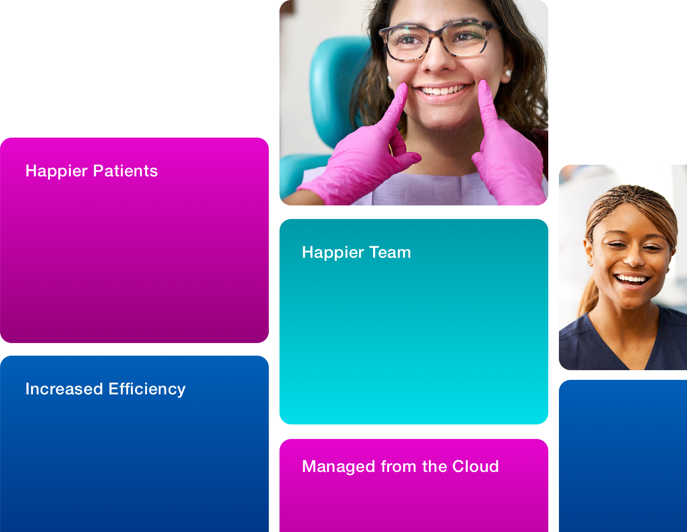 Happy dental patient and assistant with big smiles and cloud messages: Happier Patients, Happier Team, Increased Efficiency, Managed from the Cloud